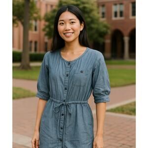 DKNY Dark Denim Mini Shirt Dress Petite 3/4 Sleeve Size S Academia